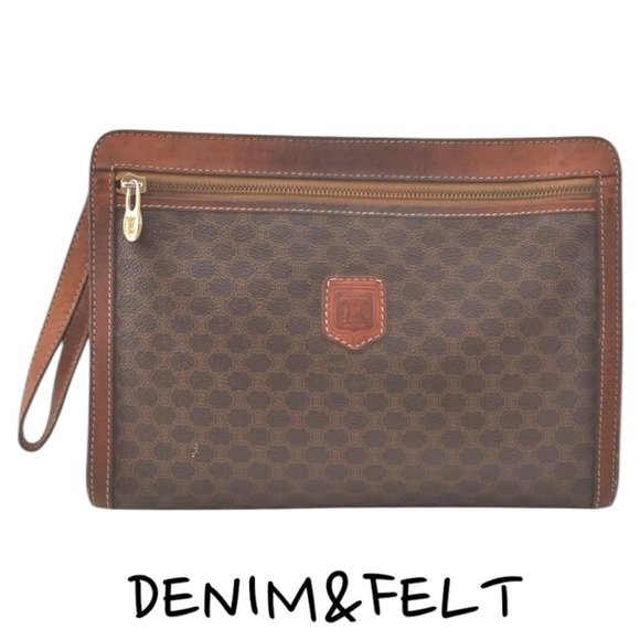 CELINE Brown Macadam Blason Pattern PVC/Leather Hand Bag/Clutch/Cosmetic Bag 🤎 - Picture 2 of 16